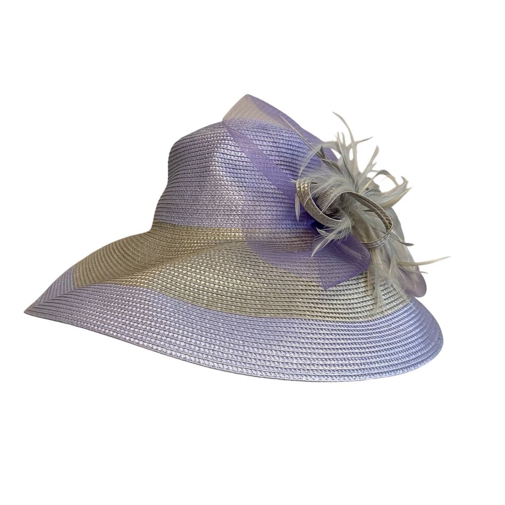 Bellissima Wide Brim Sun Hat Purple Gold Feather Derby Tea Party Church Easter